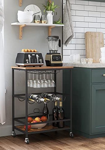 VASAGLE rullebord, hylle, holder for glass og flasker - rustikk brun sponplate og sort stl (60x40)