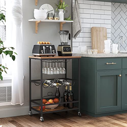 VASAGLE rullebord, hylle, holder for glass og flasker - rustikk brun sponplate og sort stl (60x40)