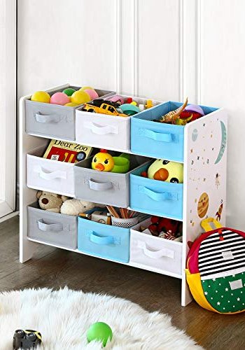 SONGMICS barnebokhylle, m. 9 uttakbare bokser - hvitt, bltt, grtt stoff og sponplater
