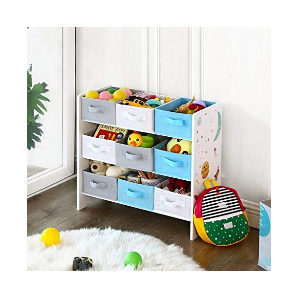 SONGMICS brnereol, m. 9 aftagelige sker - hvid, bl, gr stof og spnplade