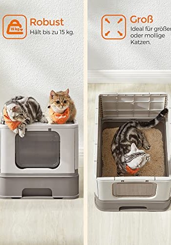 FEANDREA sppelkasse, med lokk og uttrekkbar skuff, for katter opptil 15 kg - lett og varm gr plast