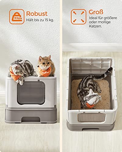 FEANDREA sppelkasse, med lokk og uttrekkbar skuff, for katter opptil 15 kg - lett og varm gr plast