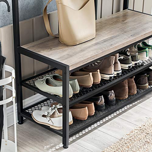 VASAGLE inngangsarrangement, m. 12 kroker, 3 hyller - greige sponplater og sort stl