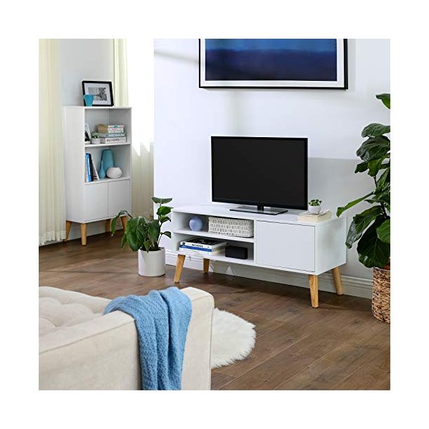 TV-bord, m. 1 lge og 1 hylde - hvid spnplade og natur tr