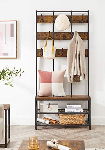 VASAGLE inngangsarrangement, m. 8 doble kroker, 1 sete og 2 nettinghyller - brun sponplate og sort stl