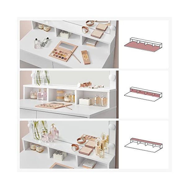 Makeupbord/sminkebord, m. spejl, 9 LED-prer, 2 skuffer, 3 rum  (80x40)