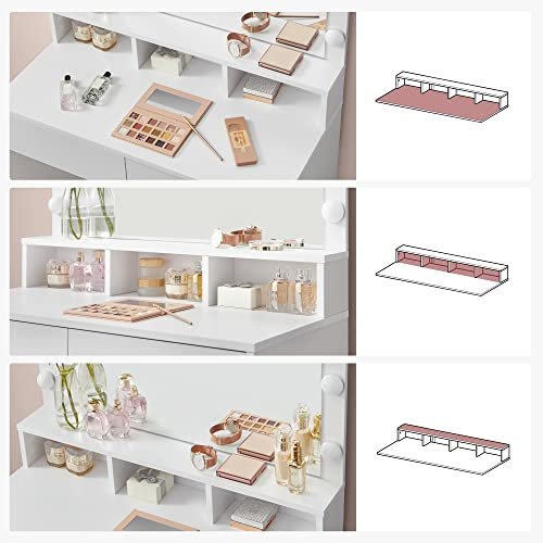 VASAGLE Sminkbord Tvttstll med 9 LED-lampor och spegel Justerbar ljusstyrka 2 ldor och 3 ppna fack Ldor Modern Vit RDT120T10