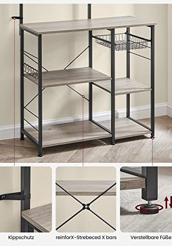 VASAGLE kjkkenhylle, m. 6 S-kroker, trdkurv og 6 hyller - greige sponplater og sort stl