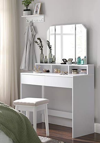VASAGLE sminkebord, m. trippelspeil, 2 skuffer, 3 pne rom - speilglass, hvit melaminfiner (100x40)