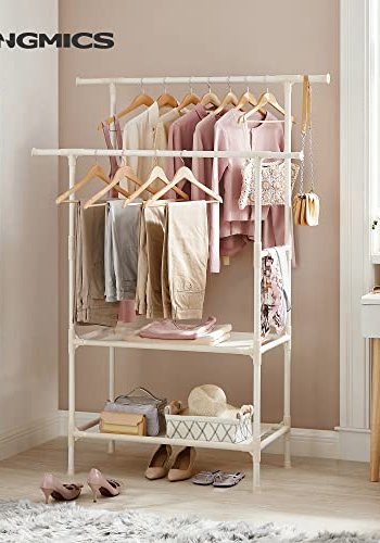 SONGMICS klesstativ, m. 2 henger og 2 hyller - hvitt stoff og jern