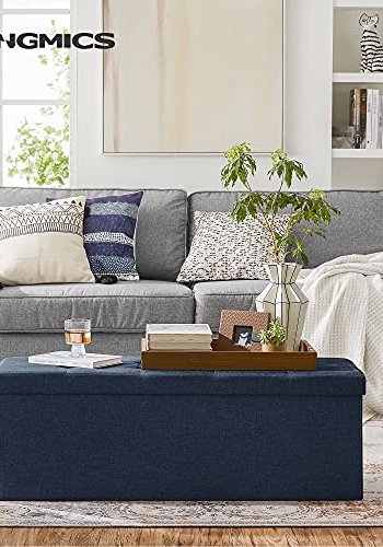 SONGMICS Ottomansk oppbevaringsbenk, m. 1 lokk, 2 rom, sammenleggbar - marinebltt lin (110x38)