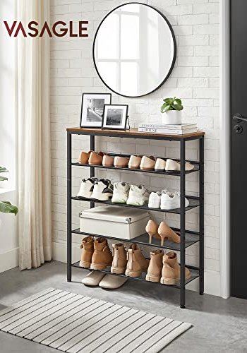 VASAGLE skohylle, m. 4 mesh hyller - rustikk brun sponplate og sort stl