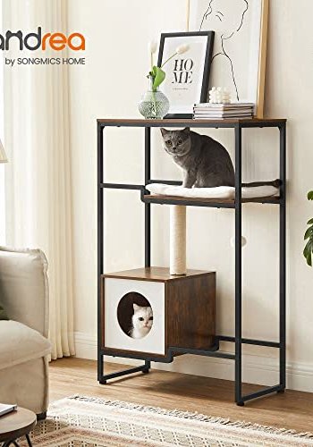 FEANDREA skrapestolpe, 3 niver, 1 hylle, 1 plattform, 1 hulrom - plysj, sisal, rustikk brun sponplate