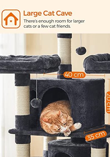 FEANDREA stor skrapestolpe, 5 niver, 3 plattformer, 2 huler, 3 pom-poms - rykgr plysj