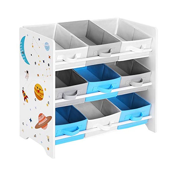 SONGMICS brnereol, m. 9 aftagelige sker - hvid, bl, gr stof og spnplade