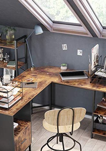 VASAGLE hjrnepult, med hengende arkivskap, 2 hyller - brun sponplate og sort stl (137x151)