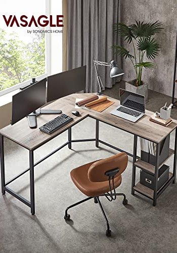 VASAGLE L-formet hjrnepult, m. 2 hyller - greige sponplater og sort stl