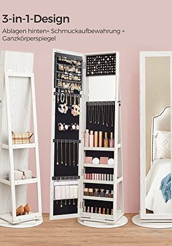 SONGMICS smykkeskap, 360° roterbart, m. speil, hyller, 3-i-1 lsbar - hvit med graktig trekorn MDF