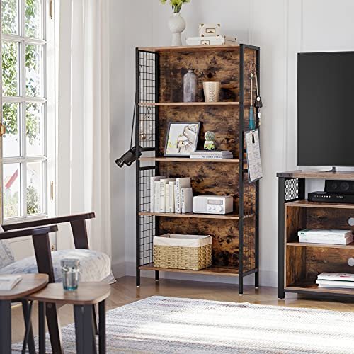 VASAGLE bokhylle, m. 4 S-kroker og 4 hyller - rustikk brun sponplate og sort stl