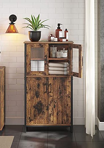 VASAGLE Schrank, m. 2 Glastüren, 2 Holztüren, Einlegeböden, Gitterdesign – rustikale braune Spanplatte und schwarzer Stahl