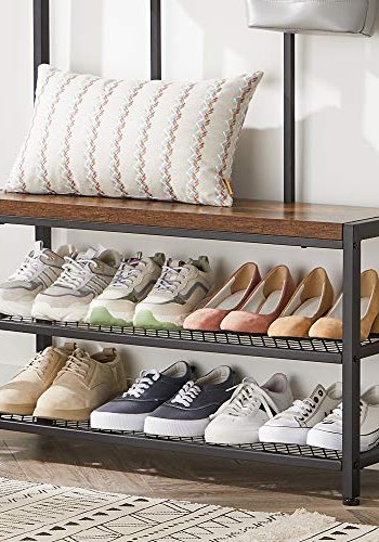 VASAGLE inngangsarrangement, m. 8 doble kroker, 1 sete og 2 nettinghyller - brun sponplate og sort stl