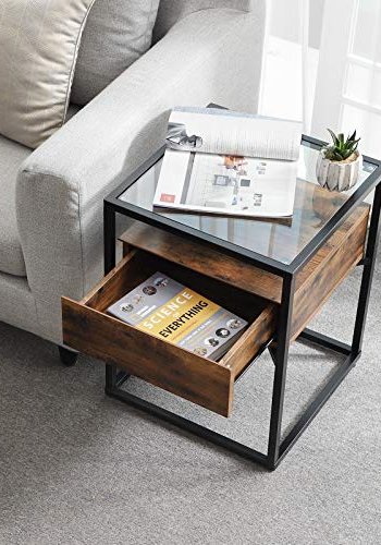 VASAGLE Beistelltisch, mit Ablage und Schublade – Klarglas, rustikale braune Spanplatte und schwarzes Eisen (43x43)