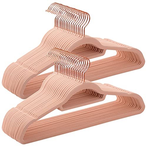 SONGMICS kleshenger, sklisikker, med knytestang og rosegullkrok - rosa flyelsstoff (sett med 50 stk)