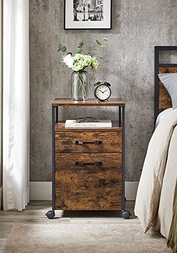 VASAGLE arkivskap, m. 2 skuffer, 1 pen plass og hjul - rustikk brun sponplate og sort stl