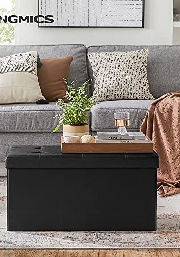 SONGMICS puff, rektangulr, sammenleggbar, med lagringsplass - svart kunstskinn (76x38)