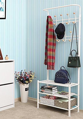SONGMICS inngangsparti, med kroker og 3 hyller - hvitt stl
