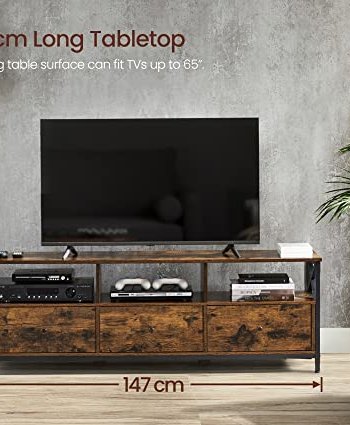 VASAGLE TV-Ständer mit 3 offenen Fächern und 3 Schubladen – rustikale braune Spanplatte und schwarzer Stahl (147 x 40)