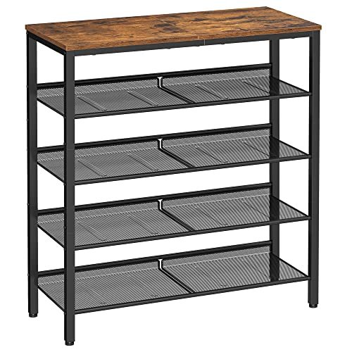 VASAGLE skohylle, m. 4 mesh hyller - rustikk brun sponplate og sort stl
