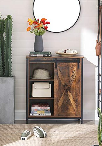 VASAGLE Sideboard, mit 1 Schiebetür und 2 verstellbaren Einlegeböden – rustikale braune Spanplatte und schwarzer Stahl