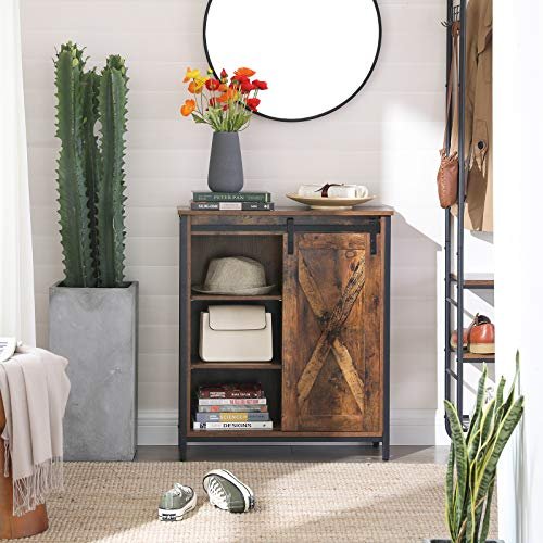 VASAGLE Sideboard, mit 1 Schiebetür und 2 verstellbaren Einlegeböden – rustikale braune Spanplatte und schwarzer Stahl