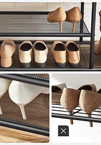 VASAGLE inngangsarrangement, m. 9 avtakbare kroker, 1 sete, 3 hyller - brun sponplate og sort stl