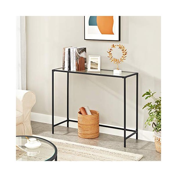Konsolbord, m. 1 hylde - h�rdet glas og sort st�l (100x35)