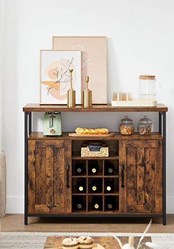 VASAGLE skjenk, m. 1 pent rom, 2 drer, 9 rom for vin - rustikk brun sponplate og svart stl