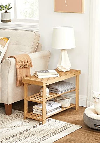 SONGMICS benk, m. 2 hyller - naturlig bambus (70x28)