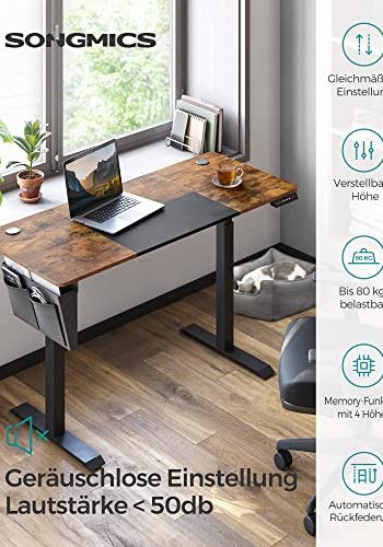 SONGMICS Hevet nedre bord, 4 hyder, med stofflomme - rustikk brun/svart sponplate og stl (140x60)