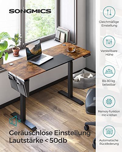 SONGMICS Hevet nedre bord, 4 hyder, med stofflomme - rustikk brun/svart sponplate og stl (140x60)