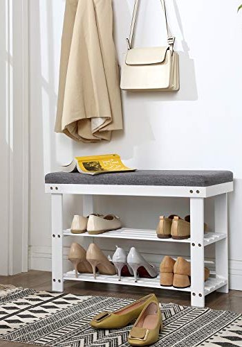 SONGMICS inngangsbenk, med gr pute og 2 hyller for sko - hvit bambus (71x29)