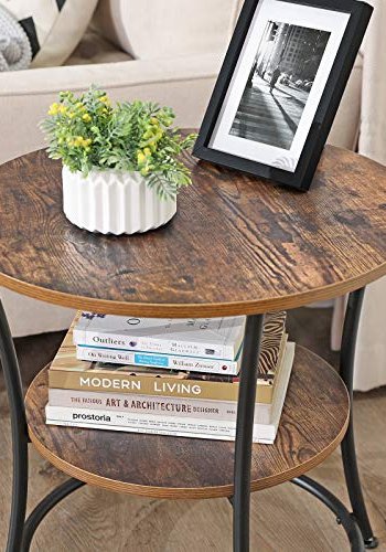 VASAGLE Beistelltisch, mit 1 Ablage, rund – rustikale braune Spanplatte und schwarzer Stahl (55)