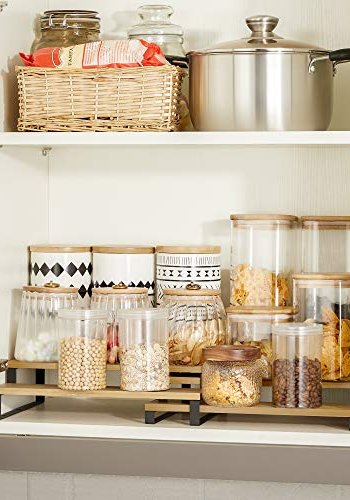 SONGMICS krydderhylle, 3-lags uttrekkbar, stablebar - naturlig bambus og svart stl (sett med 2)