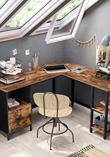 VASAGLE hjrnepult, med hengende arkivskap, 2 hyller - brun sponplate og sort stl (137x151)