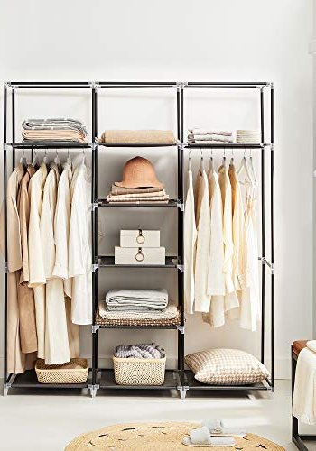 SONGMICS garderobe, sammenleggbar, m. 2 henger og hyller - sort lerret og stl