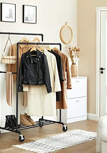 SONGMICS industrirr klesstativ p hjul, maksimal belastning p 110 kg, dobbel hengende skinne, kraftig metall med hylle, kommersiell kvalitet, svart HSR60B