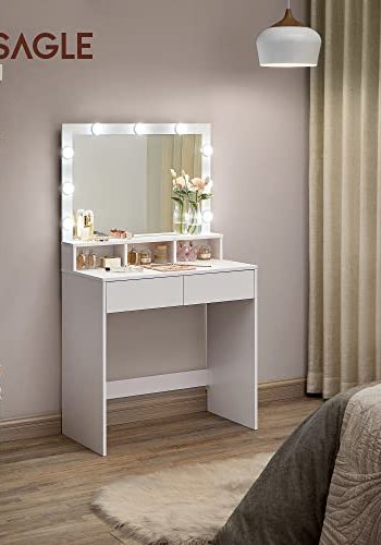 VASAGLE Sminkbord Tvttstll med 9 LED-lampor och spegel Justerbar ljusstyrka 2 ldor och 3 ppna fack Ldor Modern Vit RDT120T10