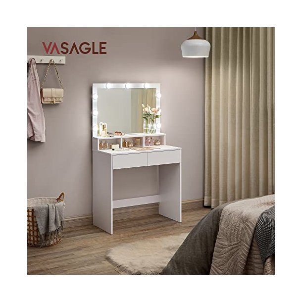 Makeupbord/sminkebord, m. spejl, 9 LED-prer, 2 skuffer, 3 rum  (80x40)