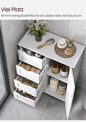 VASAGLE baderomsskap, m. 1 dr, 4 skuffer og 1 hylle - hvit MDF