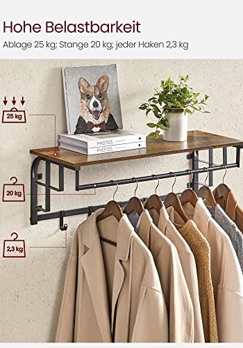 VASAGLE Hutablage, mit Kleiderstange und 5 abnehmbaren Haken – rustikale braune Spanplatte und schwarzer Stahl